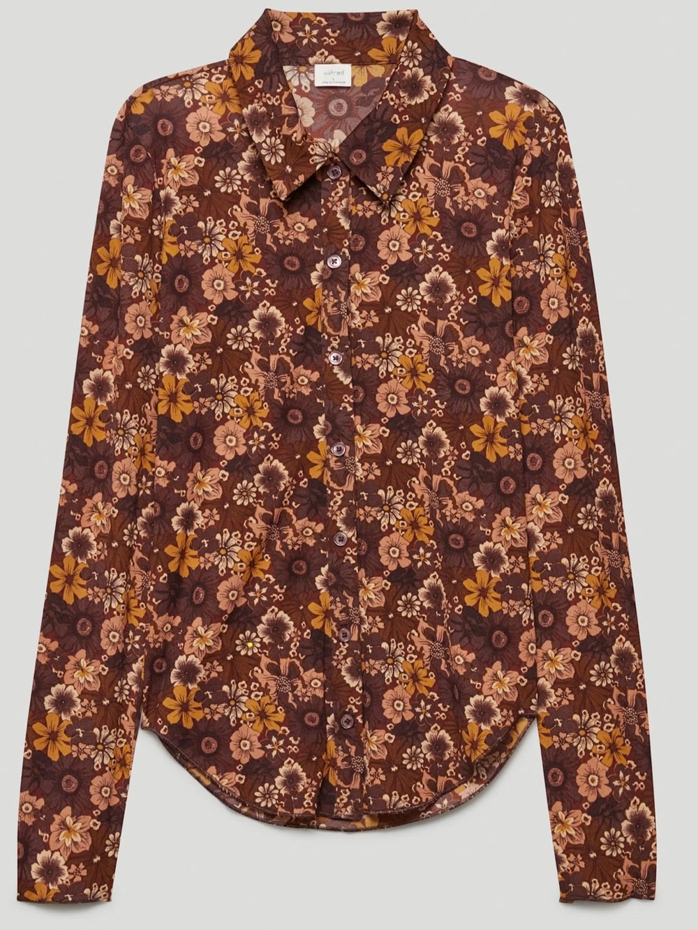 Wilfred by Aritzia Moscato Brown Floral Long-Sleeve Button-Down Shirt mesh Large